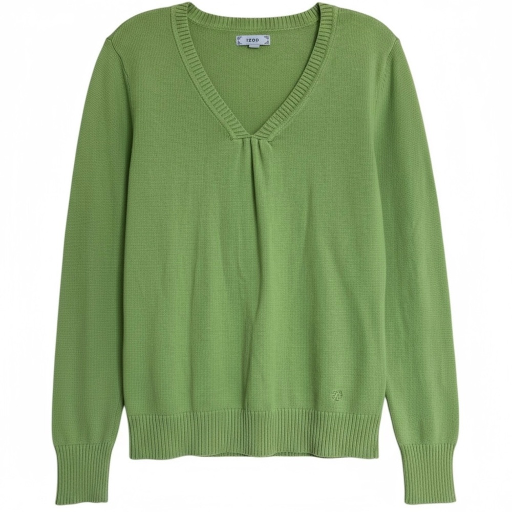 Izod Women’s 100% Cotton Green V-Neck Pleated Front Sweater Size Medium